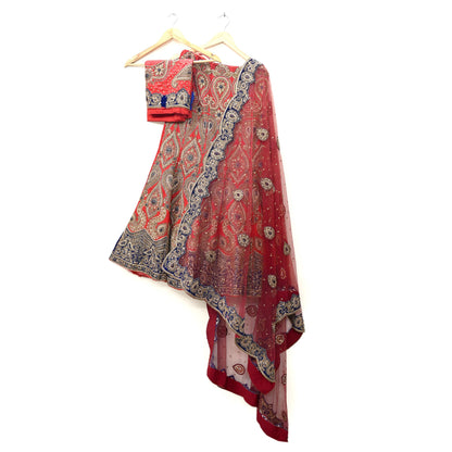 Indian Heavy Red Colored Raw Silk/Net Hand Embroidered Lehenga 3pcs Set By Designer Sabyasachi Bridal Wear