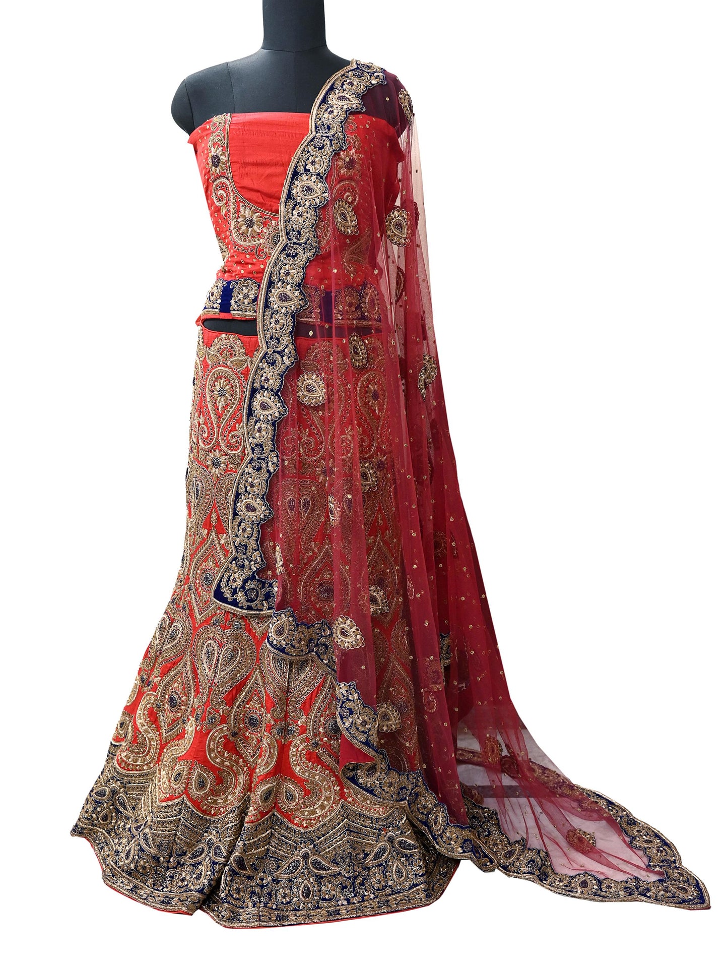 Indian Heavy Red Colored Raw Silk/Net Hand Embroidered Lehenga 3pcs Set By Designer Sabyasachi Bridal Wear