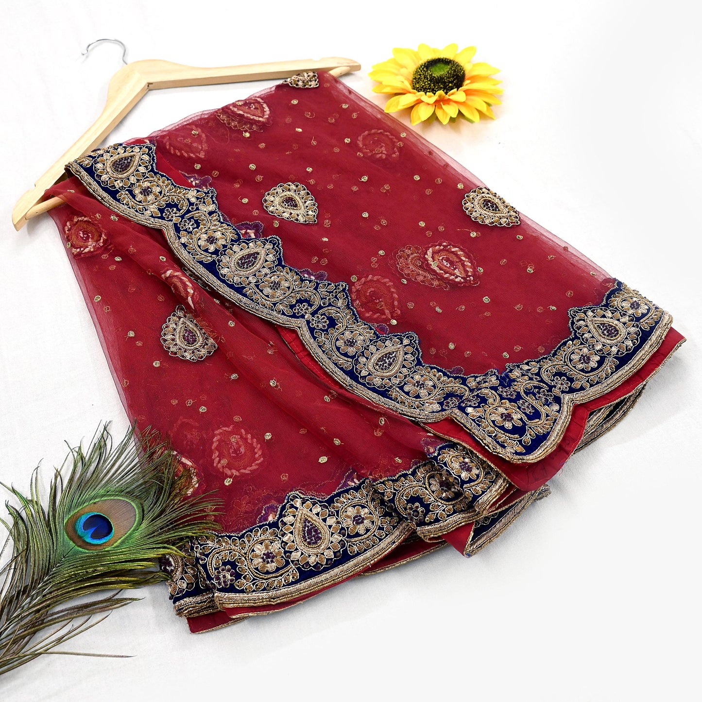 Indian Heavy Wedding Dupatta Maroon Net Long Stole Hand Embroidered By Designer Sabyasachi Scarves Zardozi Bridal Veil