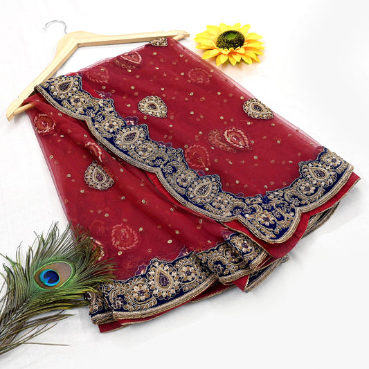 Indian Heavy Wedding Dupatta Maroon Net Long Stole Hand Embroidered By Designer Sabyasachi Scarves Zardozi Bridal Veil