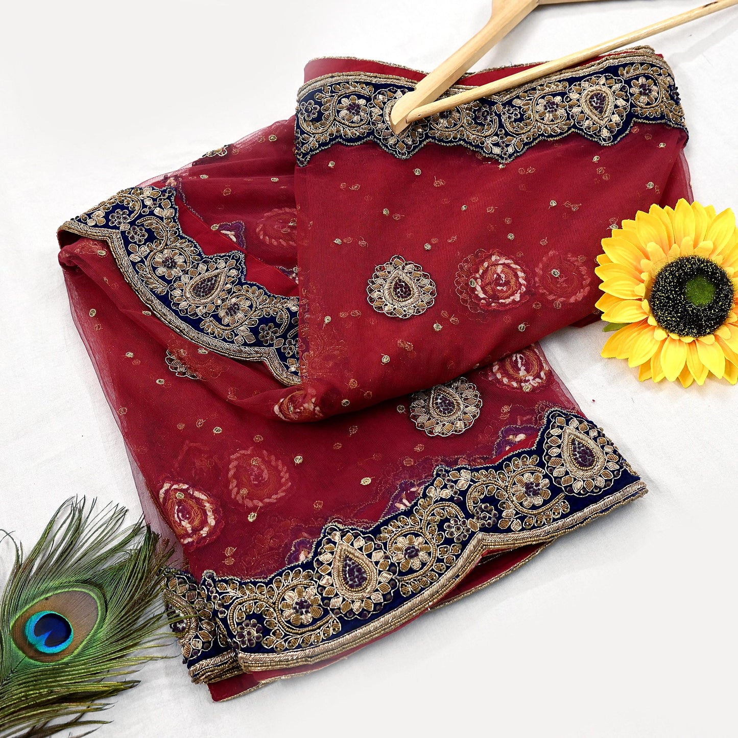 Indian Heavy Wedding Dupatta Maroon Net Long Stole Hand Embroidered By Designer Sabyasachi Scarves Zardozi Bridal Veil