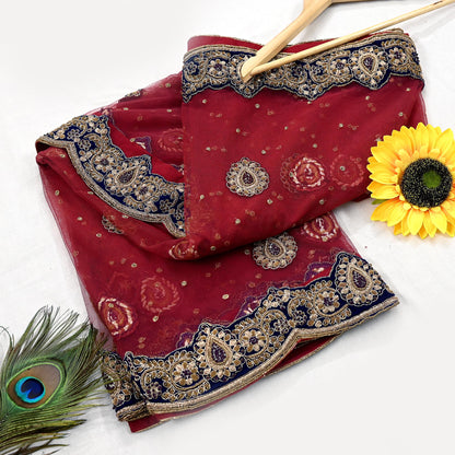 Indian Heavy Wedding Dupatta Maroon Net Long Stole Hand Embroidered By Designer Sabyasachi Scarves Zardozi Bridal Veil