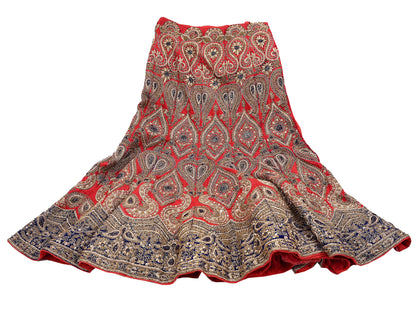 Indian Vintage Heavy Red Pure chanderi Silk Hand Embroidered semi stitched Lehenga/Skirt By Designer Sabyasachi Bridal Wear Dabka/ Zardozi