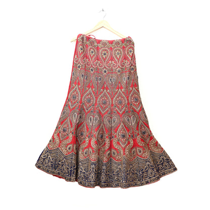 Indian Vintage Heavy Red Pure chanderi Silk Hand Embroidered semi stitched Lehenga/Skirt By Designer Sabyasachi Bridal Wear Dabka/ Zardozi
