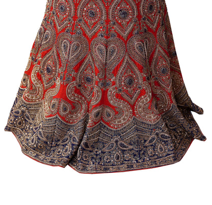 Indian Vintage Heavy Red Pure chanderi Silk Hand Embroidered semi stitched Lehenga/Skirt By Designer Sabyasachi Bridal Wear Dabka/ Zardozi