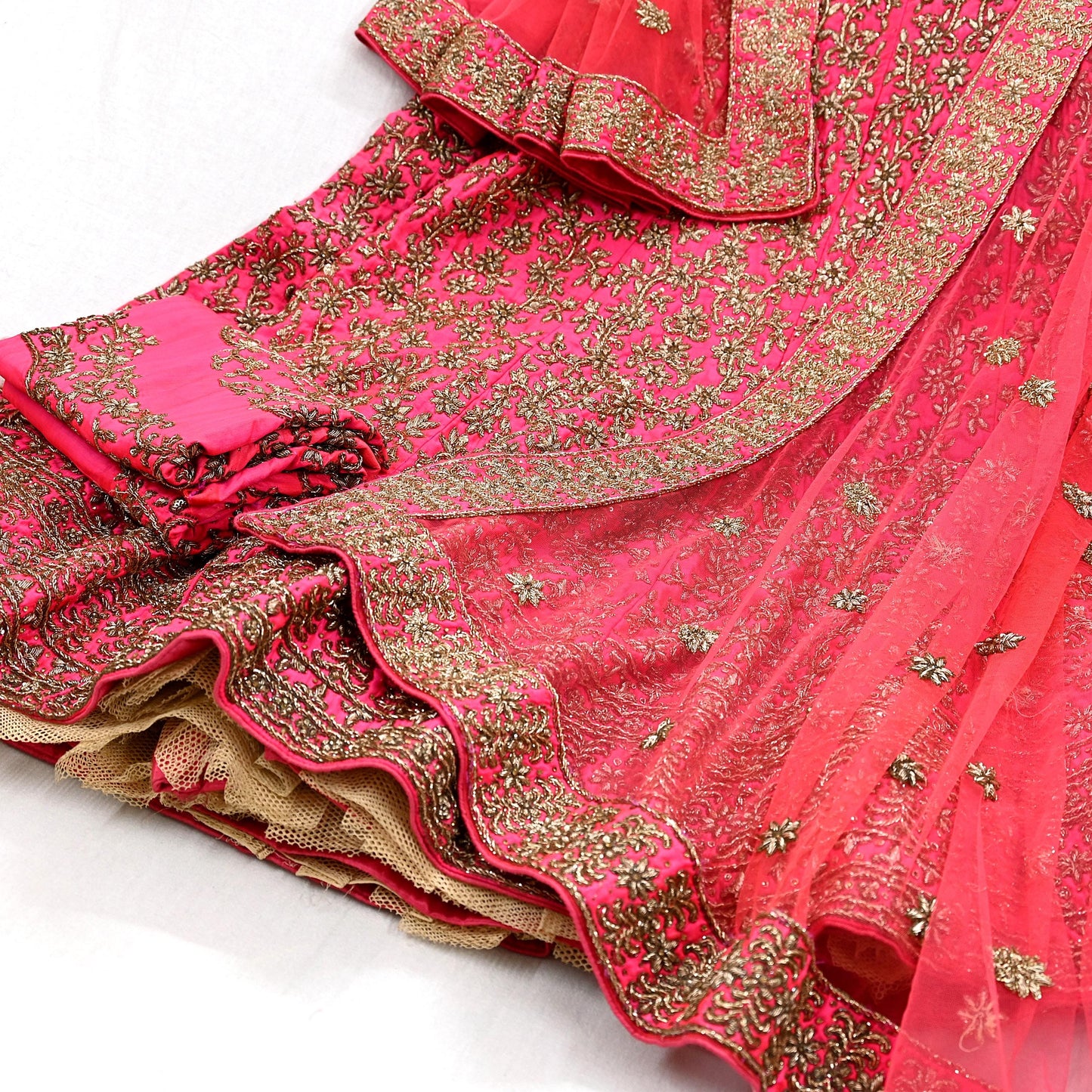 Indian party wear Rani Pink & Peach Net Raw silk Hand Embroidered Semi Stitched Lehenga Set of 3pcs Bollywood style wedding wear