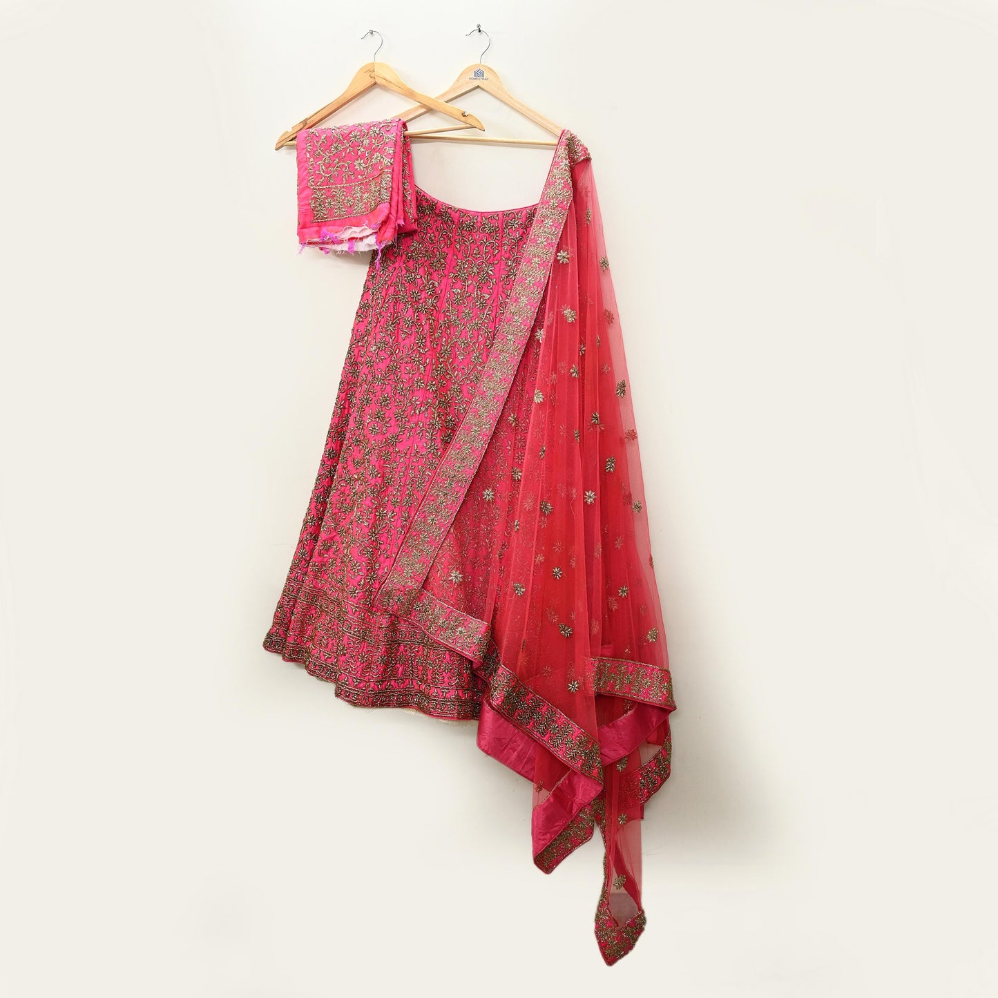 Indian party wear Rani Pink & Peach Net Raw silk Hand Embroidered Semi Stitched Lehenga Set of 3pcs Bollywood style wedding wear