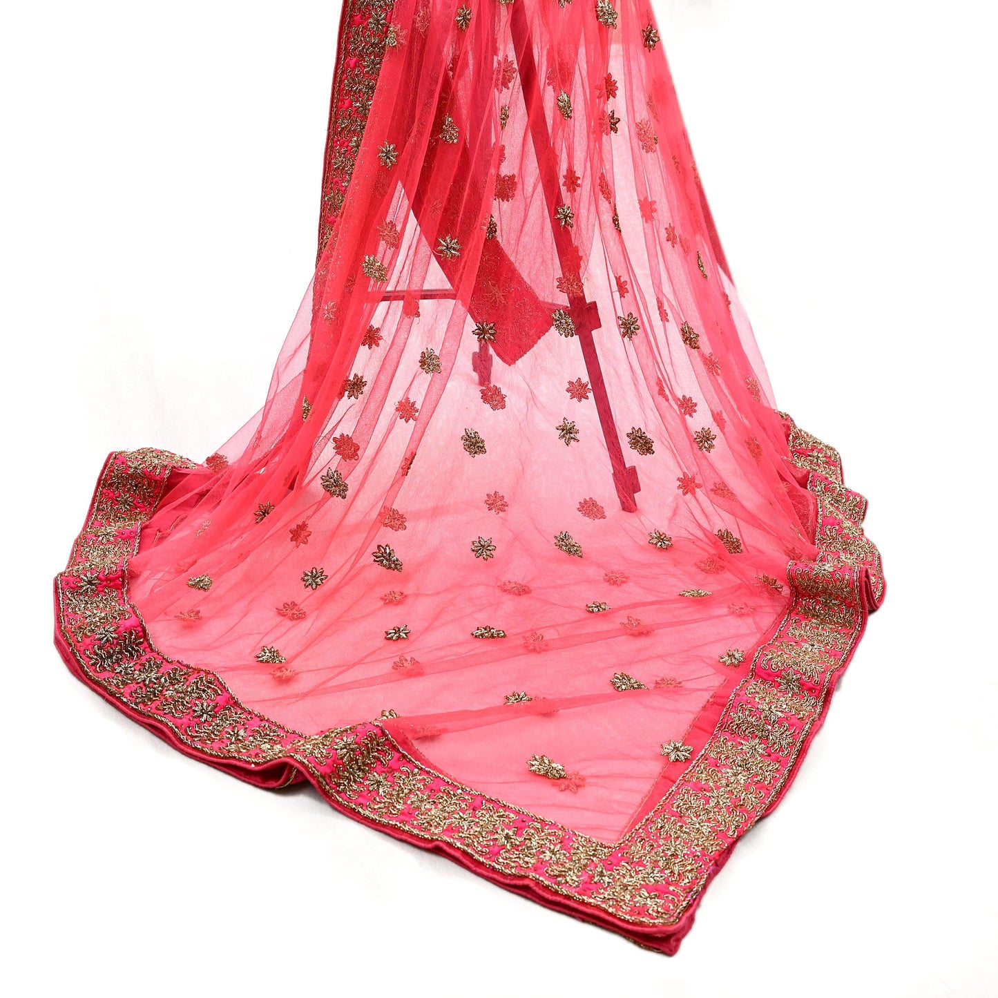 Indian Vintage Heavy Peach Dupatta Net Mesh Long Stole Hand Embroidered Scarves Golden Zardozi Dabka Zari Stole Bridal/ Wedding veil