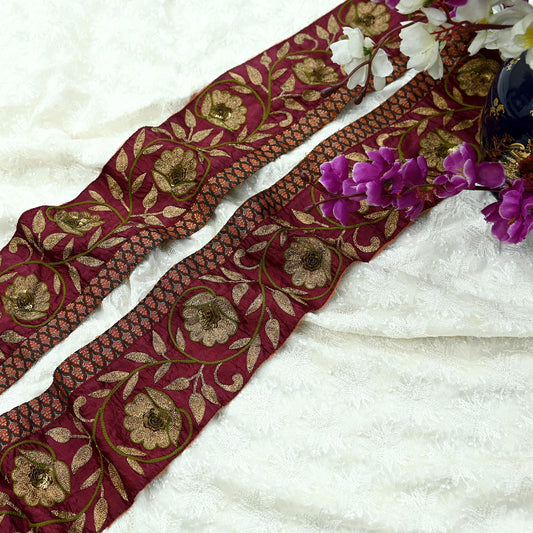 Indian Vintage Maroon Border Hand Embroidered Craft Trim 1yd Lace Sewing Sari Ribbon Pure silk  Zari Decor