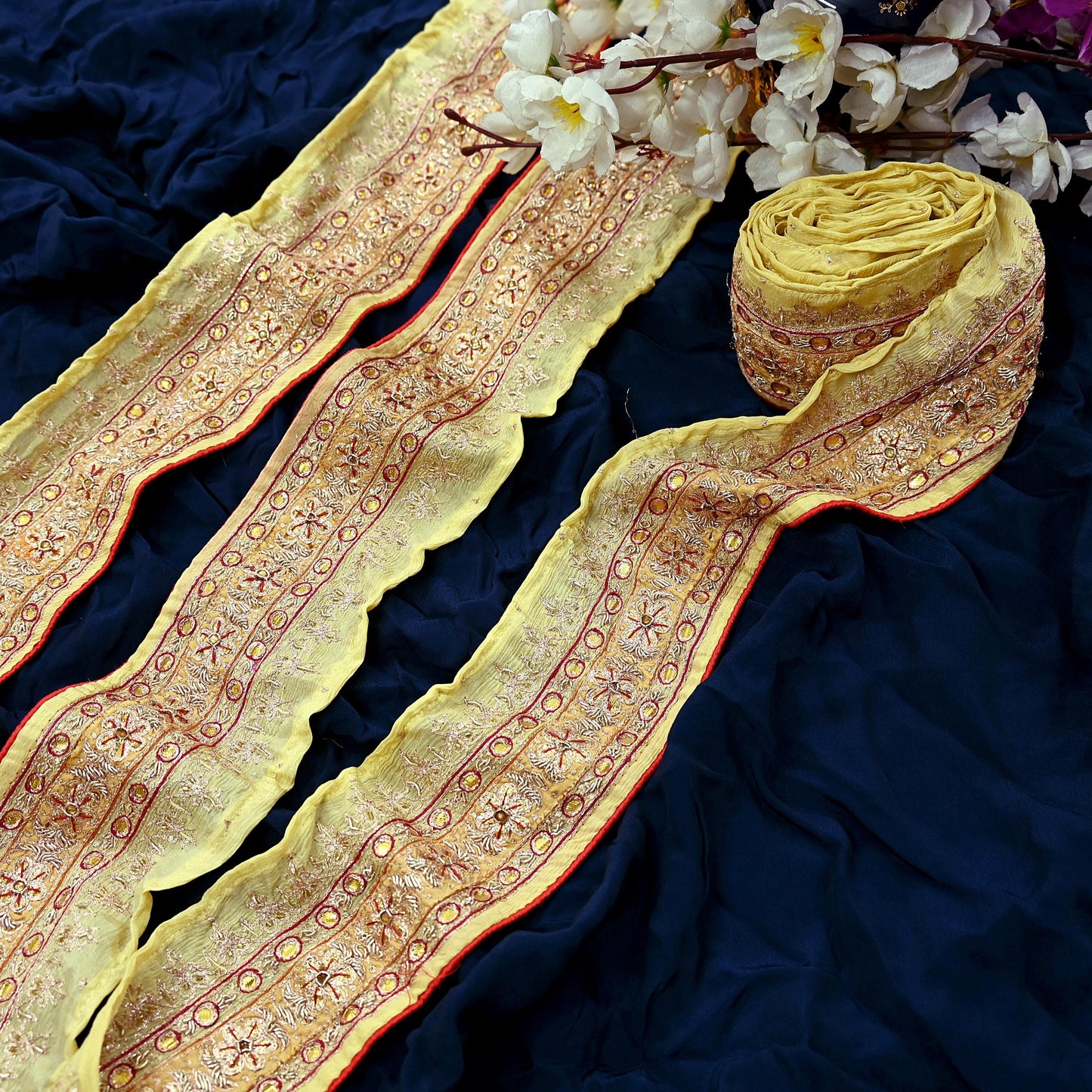Indian Vintage Saree Border Yellow Hand Embroidered 1yd Craft Trim Lace Sewing Sari Ribbon Pure silk  Zardozi/Dabka