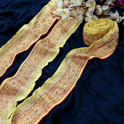 Indian Vintage Saree Border Yellow Hand Embroidered 1yd Craft Trim Lace Sewing Sari Ribbon Pure silk  Zardozi/Dabka