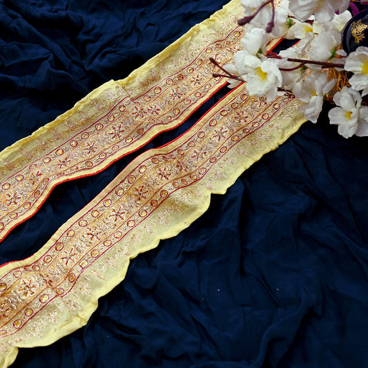 Indian Vintage Saree Border Yellow Hand Embroidered 1yd Craft Trim Lace Sewing Sari Ribbon Pure silk  Zardozi/Dabka