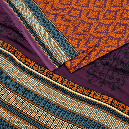 Indian Vintage Purple & Orange Moss Crepe Saree Printed Floral Sari Fabric 5 Yards Soft Craft Fabric Sewing, Dressmaking, Quilting,Upcycling