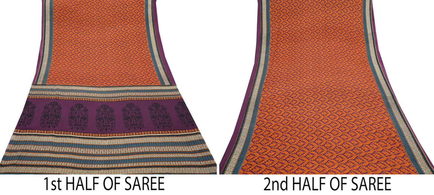 Indian Vintage Purple & Orange Moss Crepe Saree Printed Floral Sari Fabric 5 Yards Soft Craft Fabric Sewing, Dressmaking, Quilting,Upcycling
