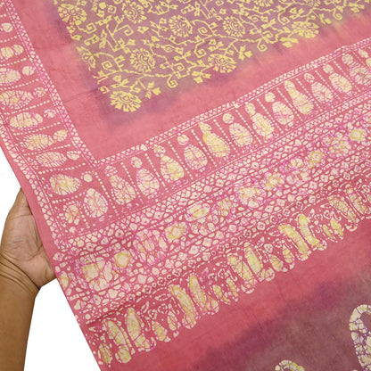 Indian Vintage Sari Pink & Brown Batik Printed Pure Silk Saree Craft Soft Fabric 5Yard Sewing Sarong Wrap Boho