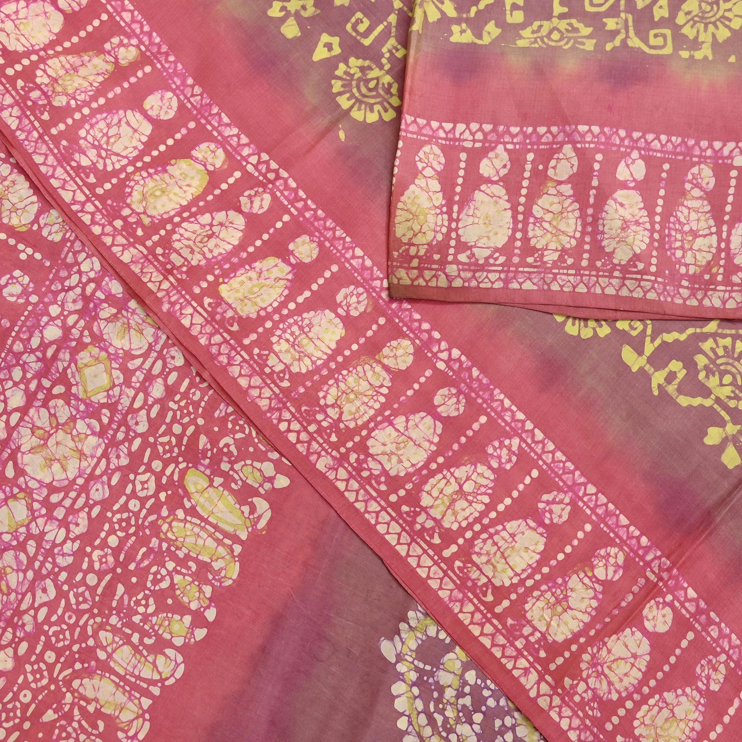 Indian Vintage Sari Pink & Brown Batik Printed Pure Silk Saree Craft Soft Fabric 5Yard Sewing Sarong Wrap Boho