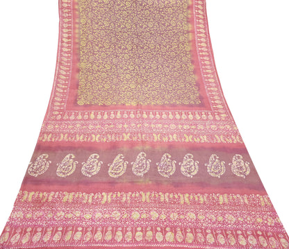 Indian Vintage Sari Pink & Brown Batik Printed Pure Silk Saree Craft Soft Fabric 5Yard Sewing Sarong Wrap Boho