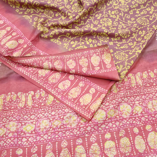 Indian Vintage Sari Pink & Brown Batik Printed Pure Silk Saree Craft Soft Fabric 5Yard Sewing Sarong Wrap Boho