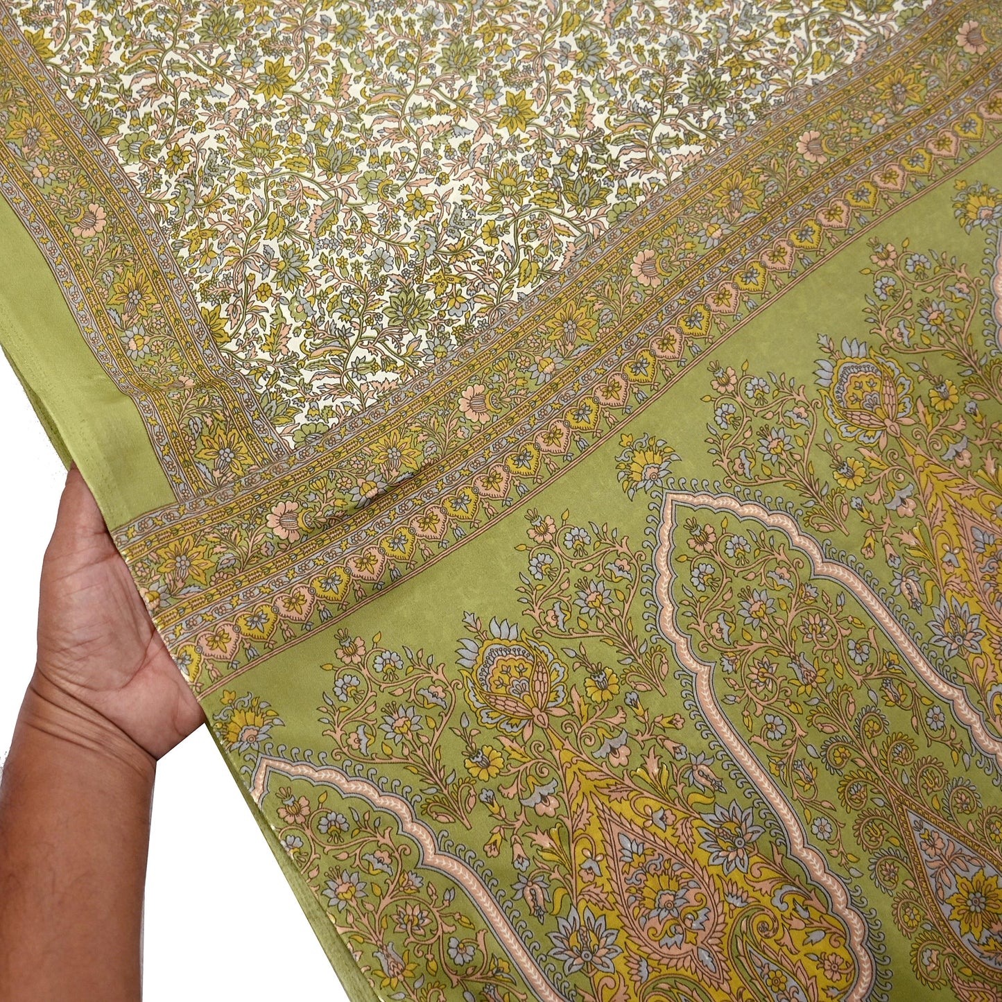 Indian Vintage Sari Printed Artificial silk Saree Fabric: White & Green Floral, 6yd Crafting Dressmaking Upcycle Quilting