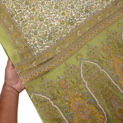 Indian Vintage Sari Printed Artificial silk Saree Fabric: White & Green Floral, 6yd Crafting Dressmaking Upcycle Quilting