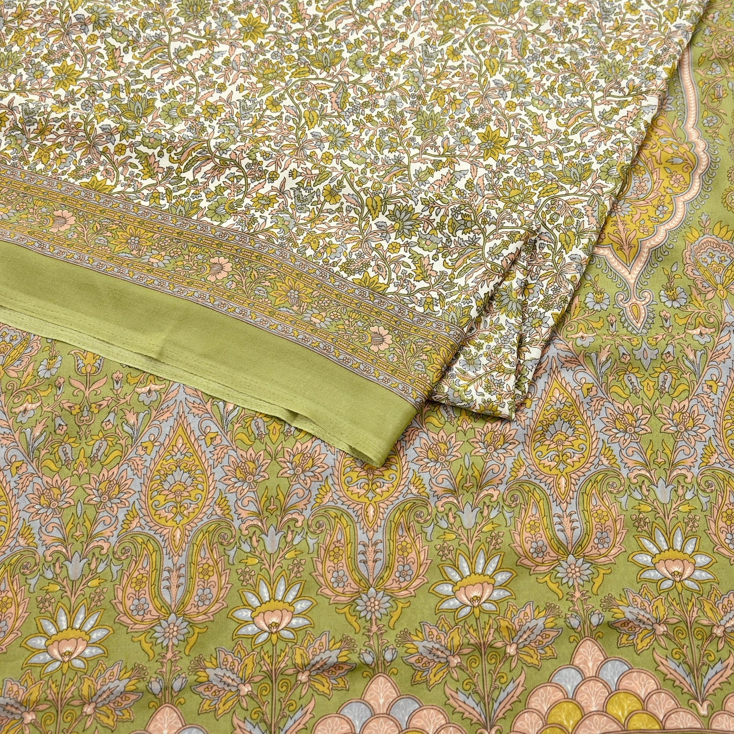 Indian Vintage Sari Printed Artificial silk Saree Fabric: White & Green Floral, 6yd Crafting Dressmaking Upcycle Quilting