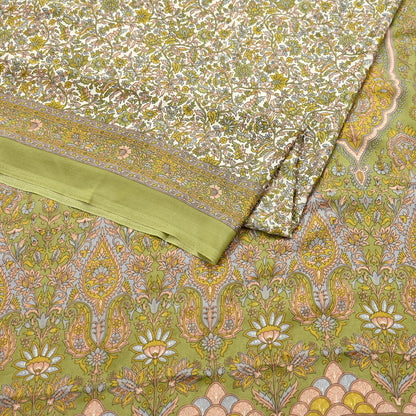 Indian Vintage Sari Printed Artificial silk Saree Fabric: White & Green Floral, 6yd Crafting Dressmaking Upcycle Quilting