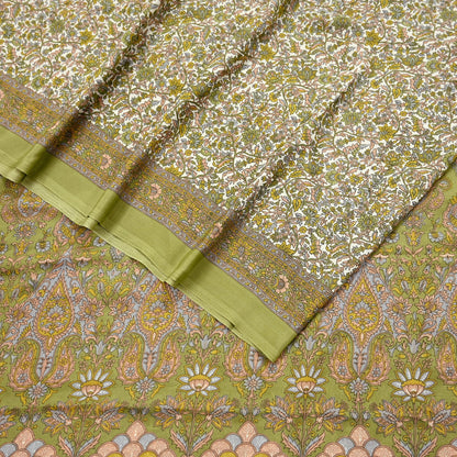 Indian Vintage Sari Printed Artificial silk Saree Fabric: White & Green Floral, 6yd Crafting Dressmaking Upcycle Quilting