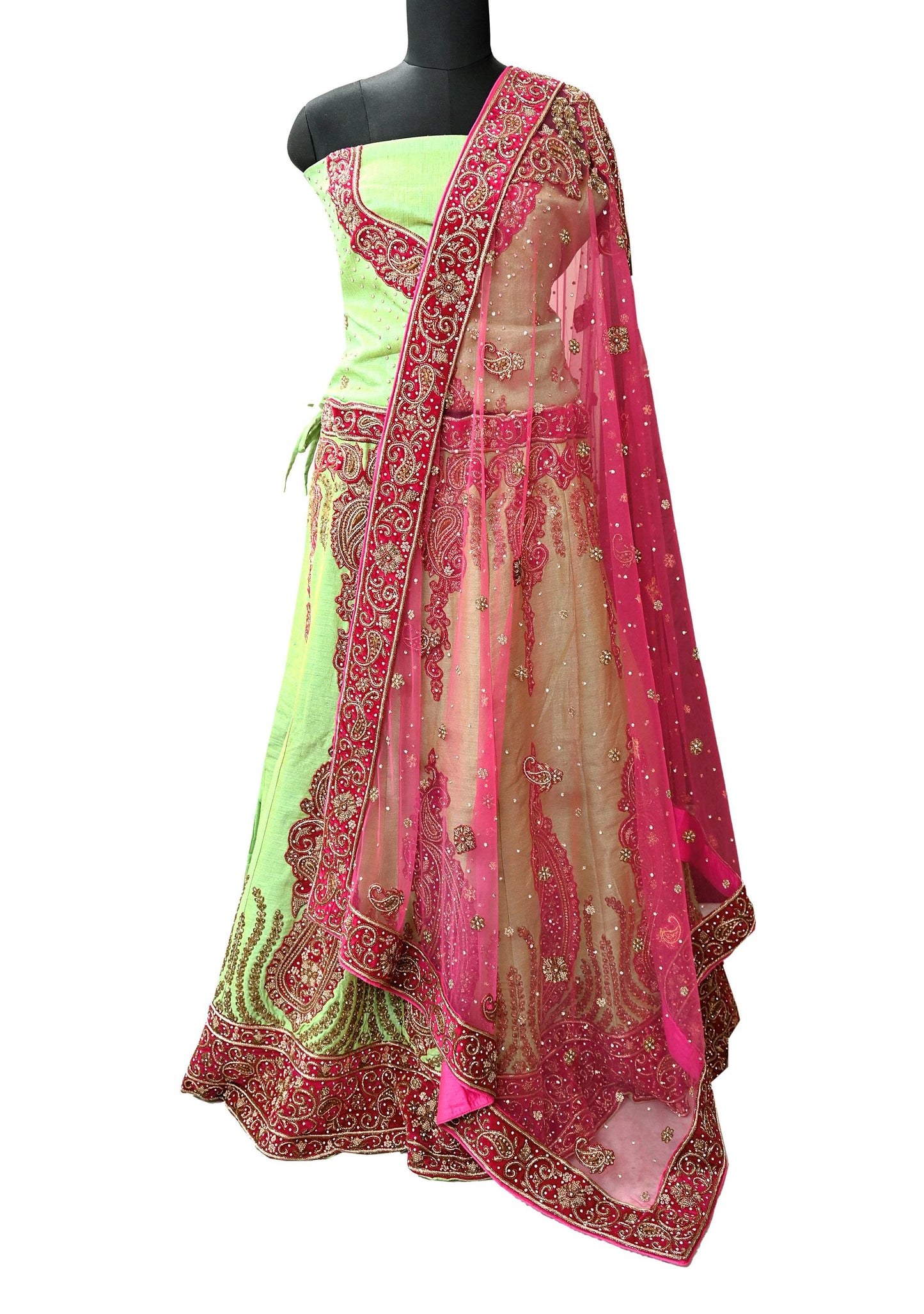 Indian party wear Pink & Green Net Raw silk Hand Embroidered Semi Stitched Lehenga Set of 3pcs Bollywood style wedding wear