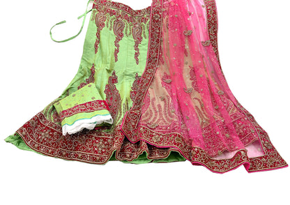 Indian party wear Pink & Green Net Raw silk Hand Embroidered Semi Stitched Lehenga Set of 3pcs Bollywood style wedding wear