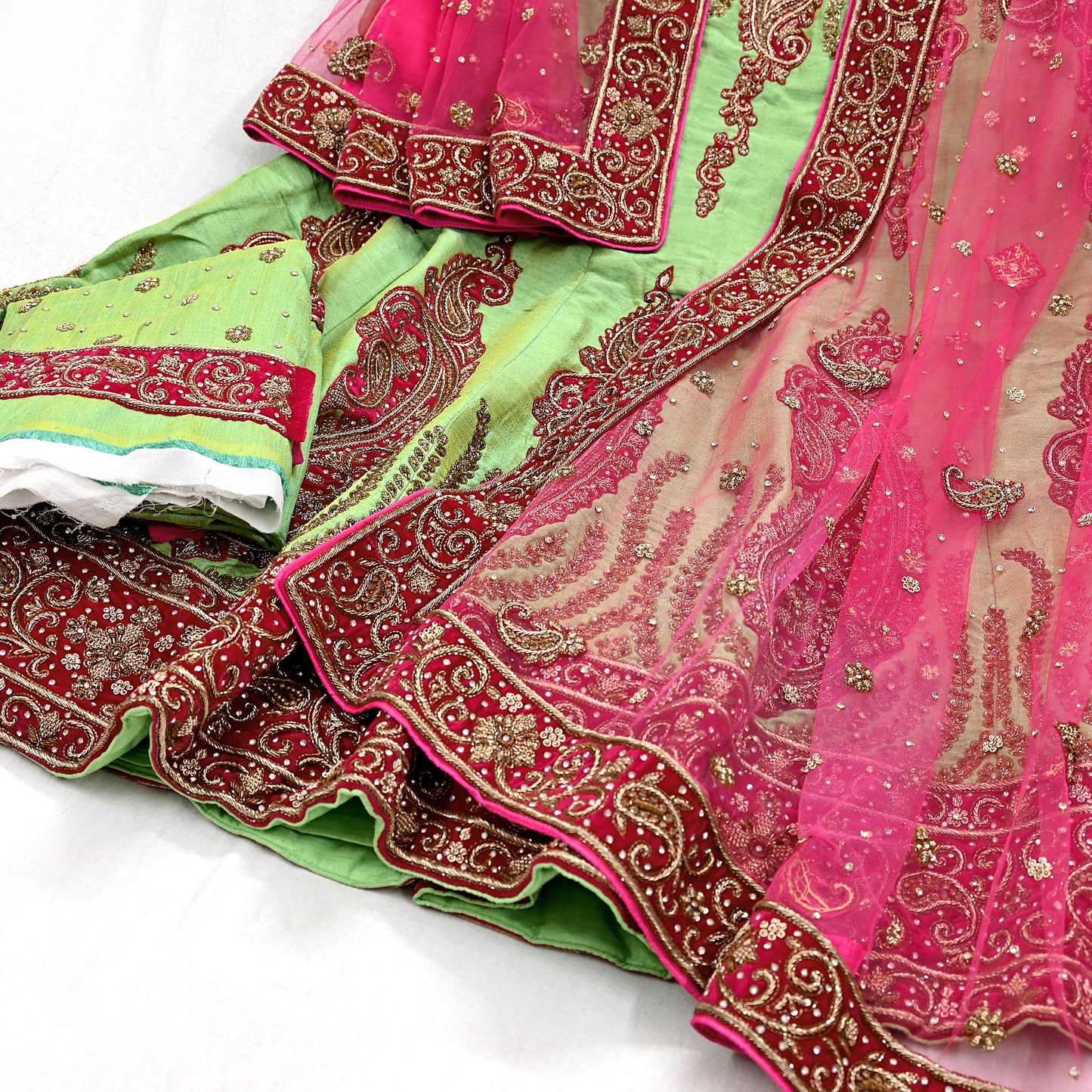 Indian party wear Pink & Green Net Raw silk Hand Embroidered Semi Stitched Lehenga Set of 3pcs Bollywood style wedding wear
