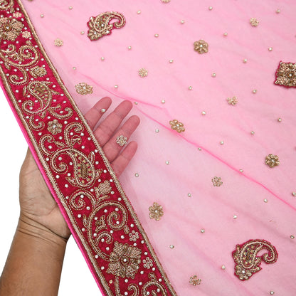 Indian Vintage Heavy Pink Dupatta Net Mesh Long Stole Hand Embroidered Scarves Golden Zardozi Dabka Zari Stole Bridal/ Wedding veil