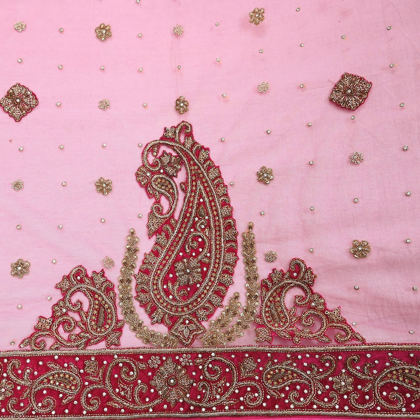 Indian Vintage Heavy Pink Dupatta Net Mesh Long Stole Hand Embroidered Scarves Golden Zardozi Dabka Zari Stole Bridal/ Wedding veil