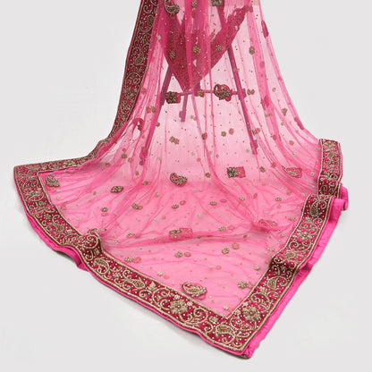 Indian Vintage Heavy Pink Dupatta Net Mesh Long Stole Hand Embroidered Scarves Golden Zardozi Dabka Zari Stole Bridal/ Wedding veil