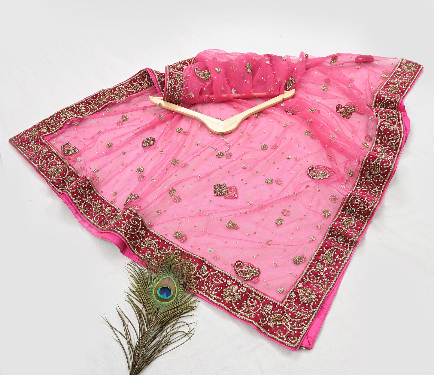 Indian Vintage Heavy Pink Dupatta Net Mesh Long Stole Hand Embroidered Scarves Golden Zardozi Dabka Zari Stole Bridal/ Wedding veil