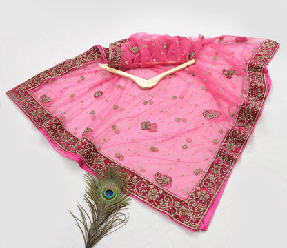 Indian Vintage Heavy Pink Dupatta Net Mesh Long Stole Hand Embroidered Scarves Golden Zardozi Dabka Zari Stole Bridal/ Wedding veil