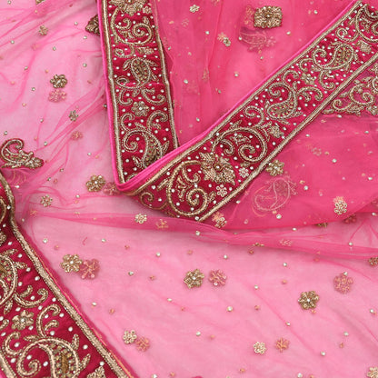 Indian Vintage Heavy Pink Dupatta Net Mesh Long Stole Hand Embroidered Scarves Golden Zardozi Dabka Zari Stole Bridal/ Wedding veil