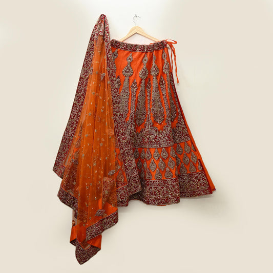 Indian party wear Orange Net Hand Embroidered Semi Stitched Lehenga Set of 2pcs Bollywood style wedding wear