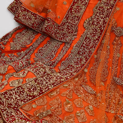 Indian party wear Orange Net Hand Embroidered Semi Stitched Lehenga Set of 2pcs Bollywood style wedding wear