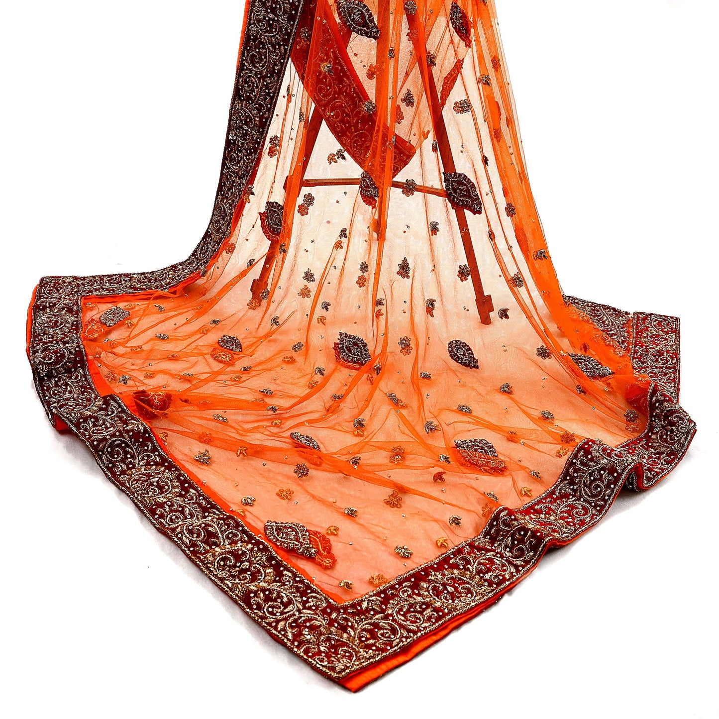 Indian Vintage Heavy Orange Dupatta Net Mesh Long Stole Hand Embroidered Scarves Golden Zardozi Dabka Zari Stole Bridal/ Wedding veil