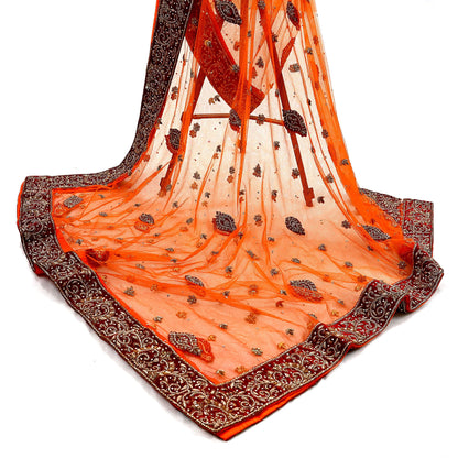 Indian Vintage Heavy Orange Dupatta Net Mesh Long Stole Hand Embroidered Scarves Golden Zardozi Dabka Zari Stole Bridal/ Wedding veil