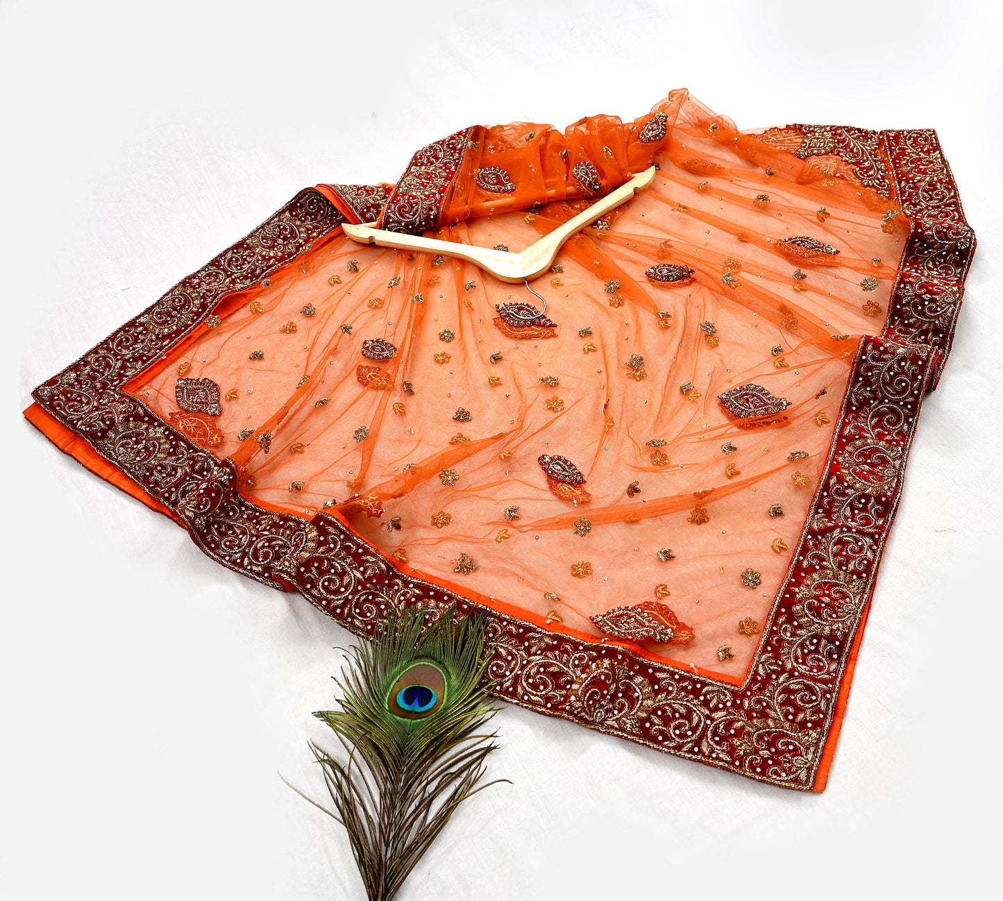 Indian Vintage Heavy Orange Dupatta Net Mesh Long Stole Hand Embroidered Scarves Golden Zardozi Dabka Zari Stole Bridal/ Wedding veil
