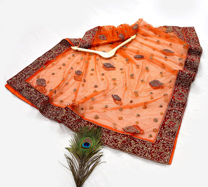 Indian Vintage Heavy Orange Dupatta Net Mesh Long Stole Hand Embroidered Scarves Golden Zardozi Dabka Zari Stole Bridal/ Wedding veil