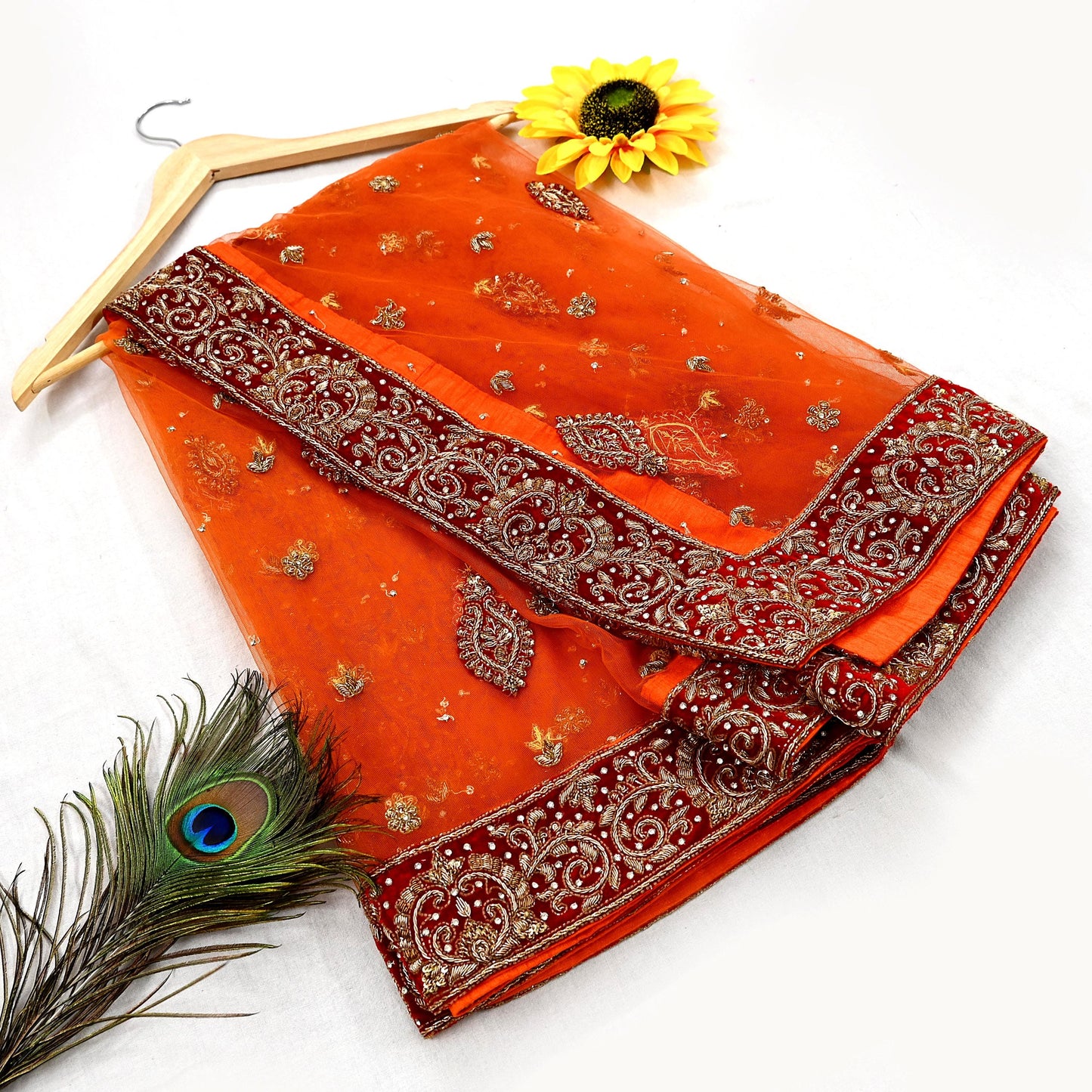 Indian Vintage Heavy Orange Dupatta Net Mesh Long Stole Hand Embroidered Scarves Golden Zardozi Dabka Zari Stole Bridal/ Wedding veil