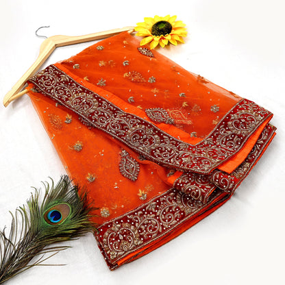 Indian Vintage Heavy Orange Dupatta Net Mesh Long Stole Hand Embroidered Scarves Golden Zardozi Dabka Zari Stole Bridal/ Wedding veil