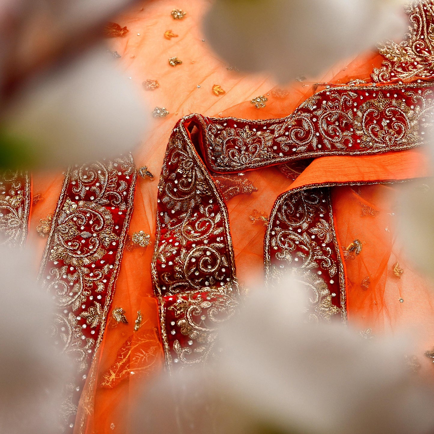 Indian Vintage Heavy Orange Dupatta Net Mesh Long Stole Hand Embroidered Scarves Golden Zardozi Dabka Zari Stole Bridal/ Wedding veil