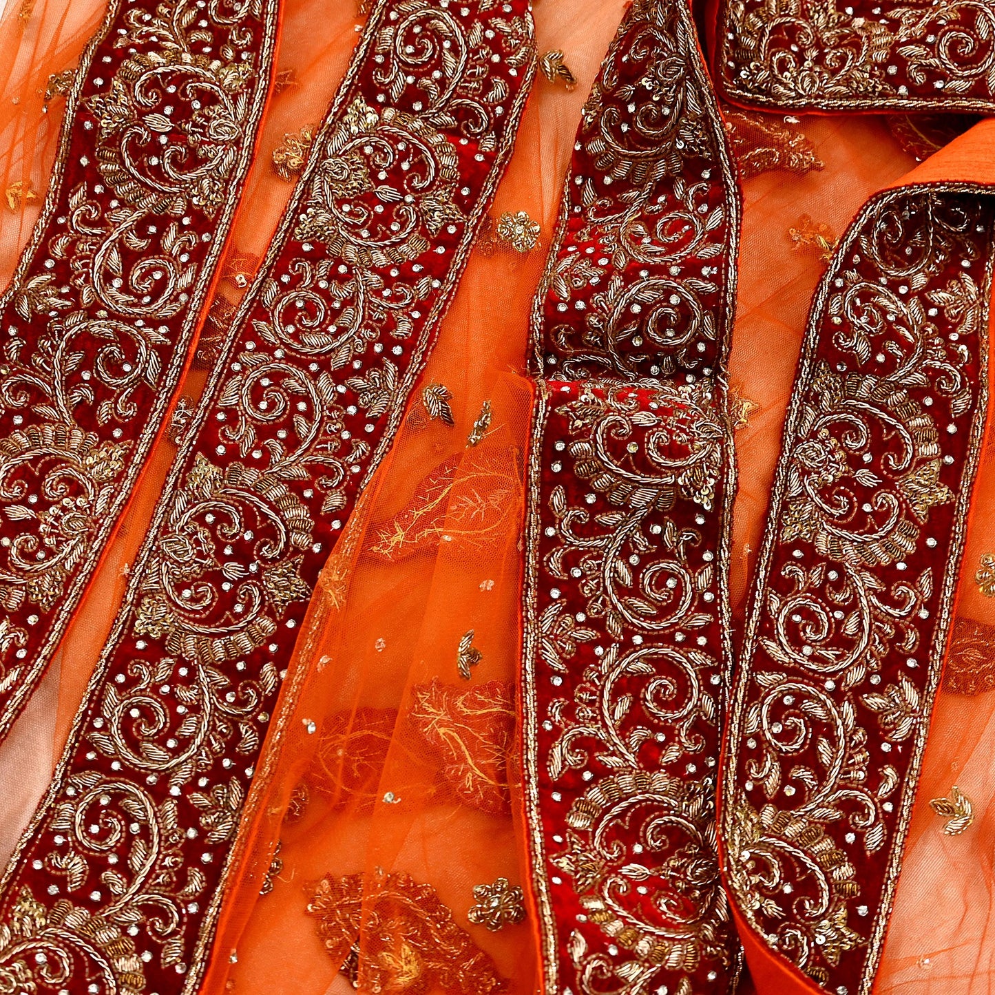 Indian Vintage Heavy Orange Dupatta Net Mesh Long Stole Hand Embroidered Scarves Golden Zardozi Dabka Zari Stole Bridal/ Wedding veil