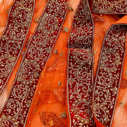 Indian Vintage Heavy Orange Dupatta Net Mesh Long Stole Hand Embroidered Scarves Golden Zardozi Dabka Zari Stole Bridal/ Wedding veil