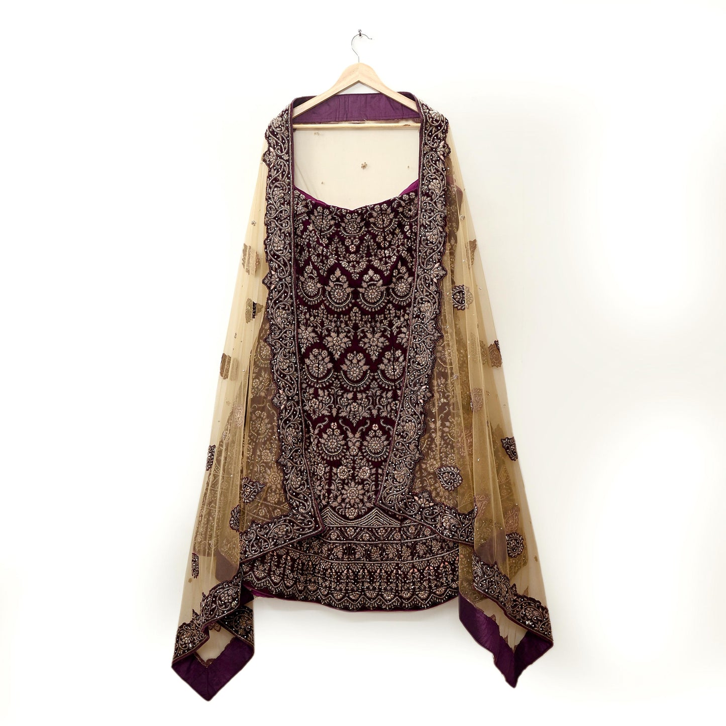 Indian party wear Beige & wine Net Velvet Hand Embroidered Semi Stitched Lehenga Set of 2pcs Bollywood style wedding wear