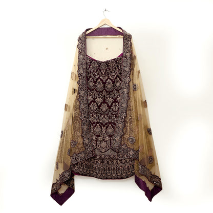 Indian party wear Beige & wine Net Velvet Hand Embroidered Semi Stitched Lehenga Set of 2pcs Bollywood style wedding wear