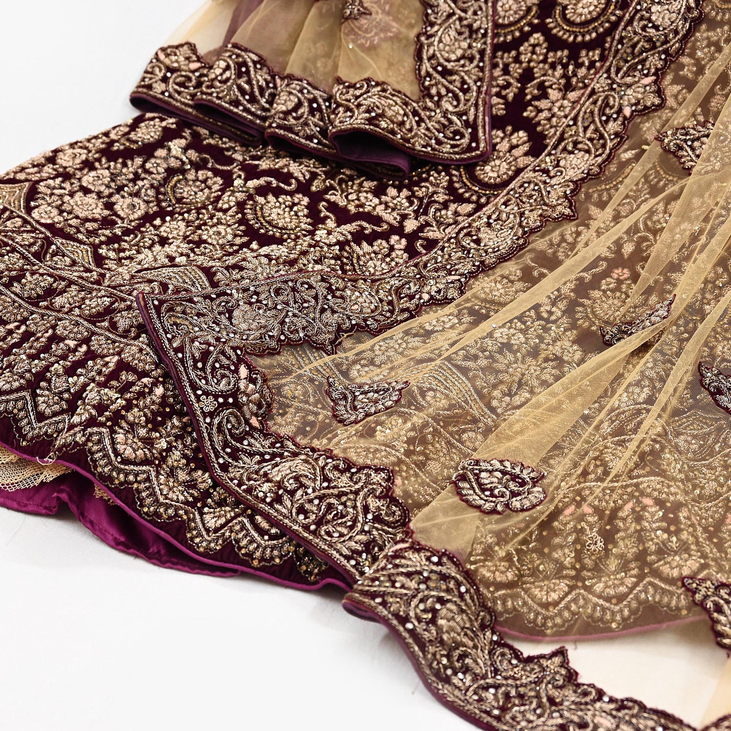 Indian party wear Beige & wine Net Velvet Hand Embroidered Semi Stitched Lehenga Set of 2pcs Bollywood style wedding wear